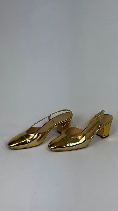 Chanel Gold Metallic Leather Slingback Block Heel Pumps - 5.5 UK