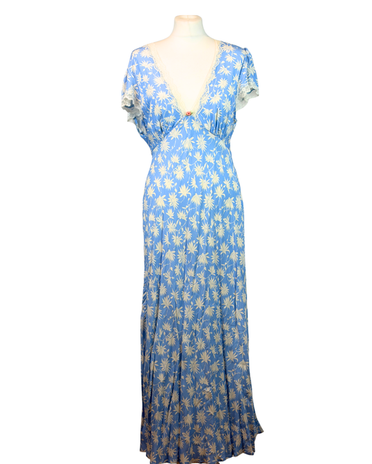 RIXO Blue Daisy Print Lace Trim Maxi Dress — XL / UK 16