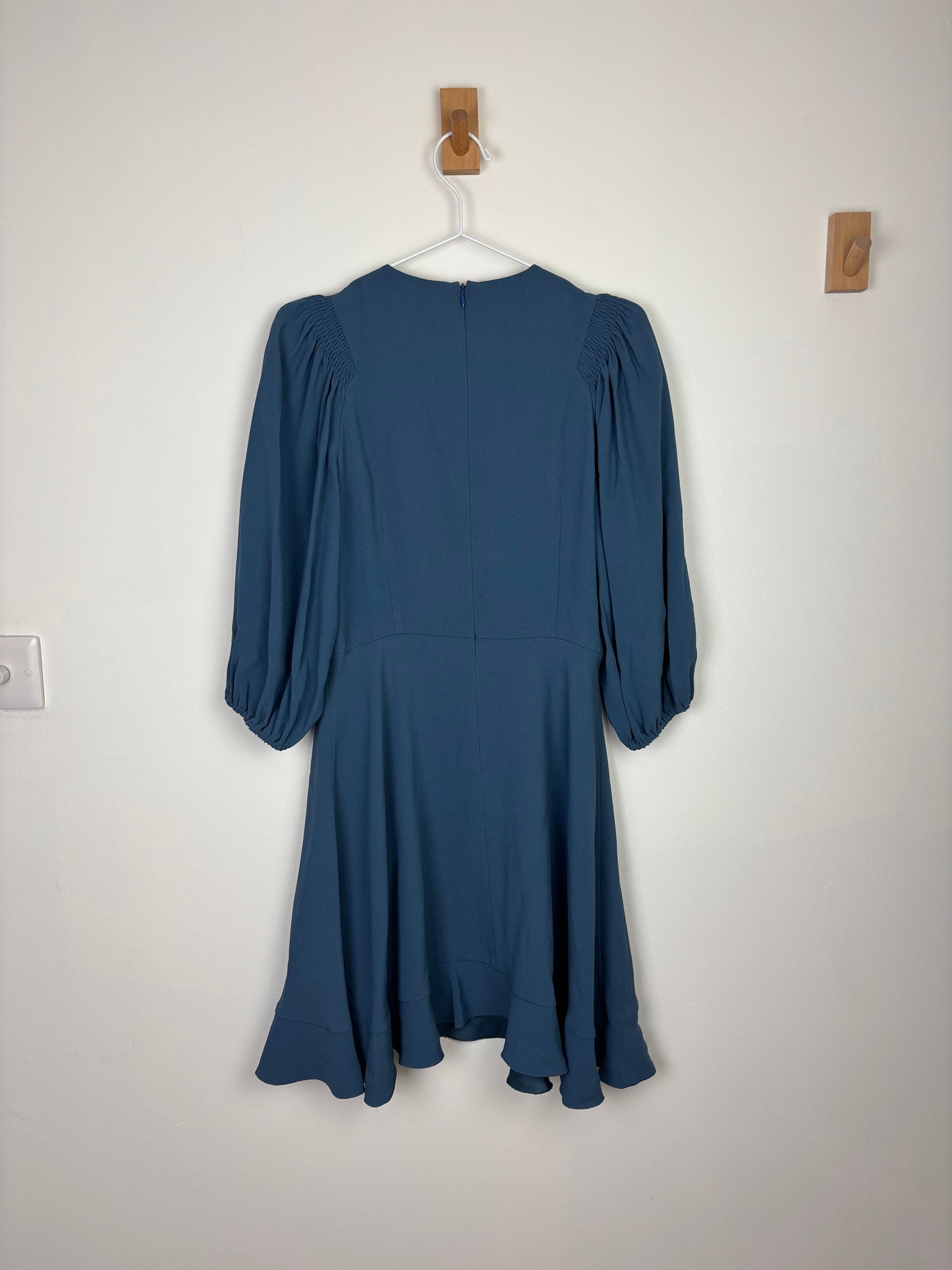 RED Valentino Smocked Puff-Sleeve Midi Dress in Petrol Blue Acetate-Viscose - 10 UK