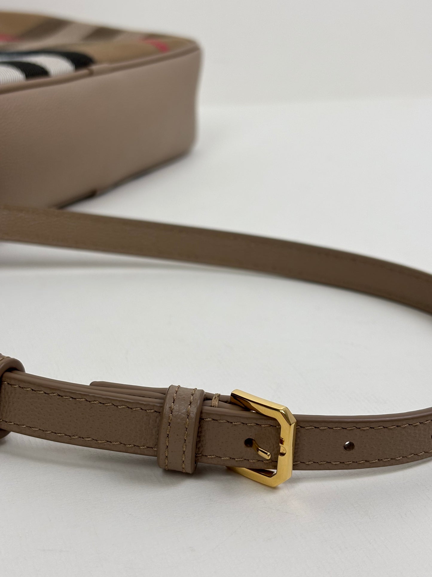 Burberry Check Camera Bag in Chestnut Beige Leather and Canvas