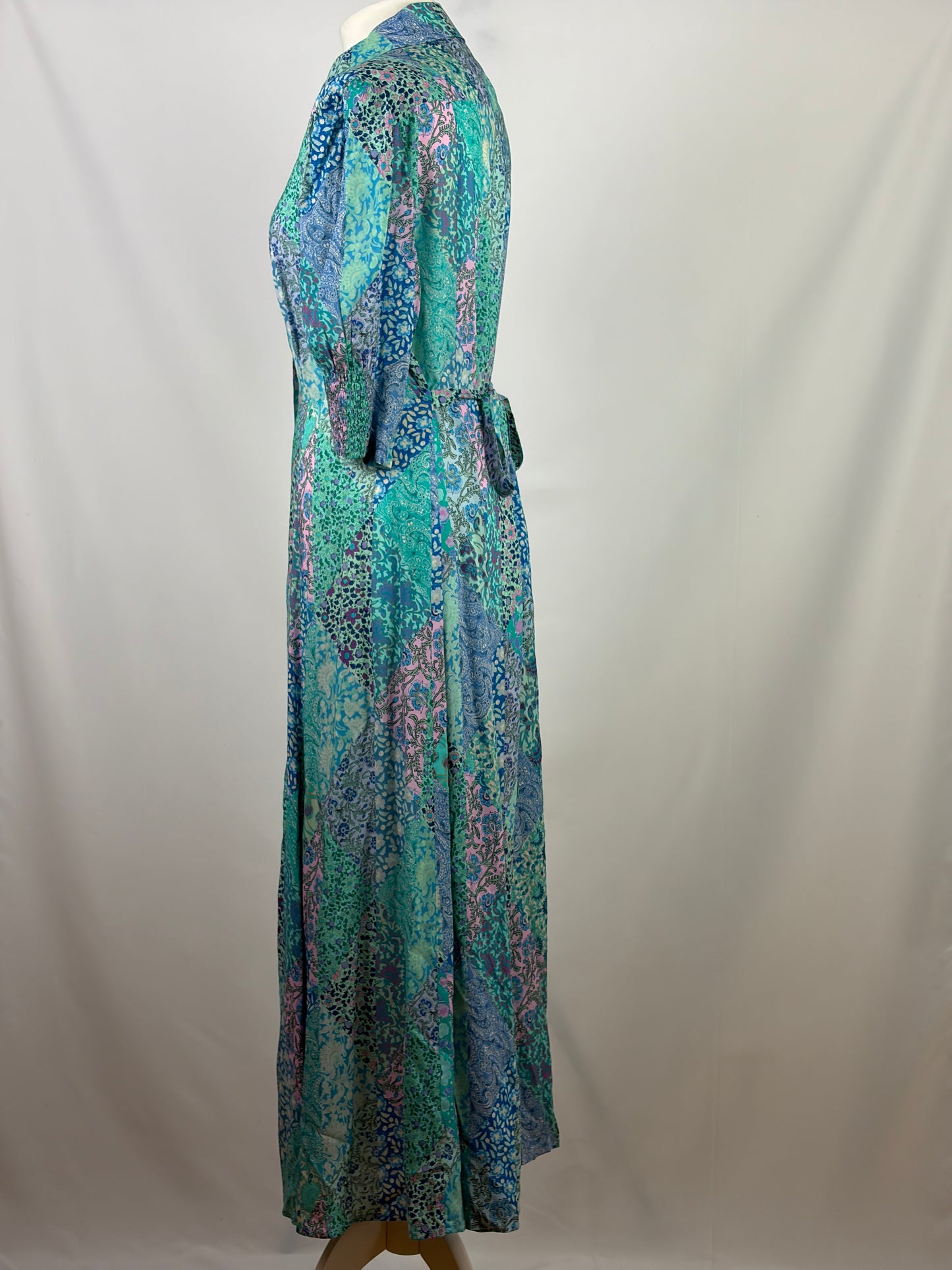 RIXO Blue and White Patchwork Floral Silk Shirt Dress - 16 UK