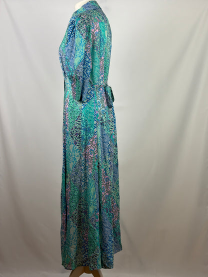 RIXO Blue and White Patchwork Floral Silk Shirt Dress - 16 UK