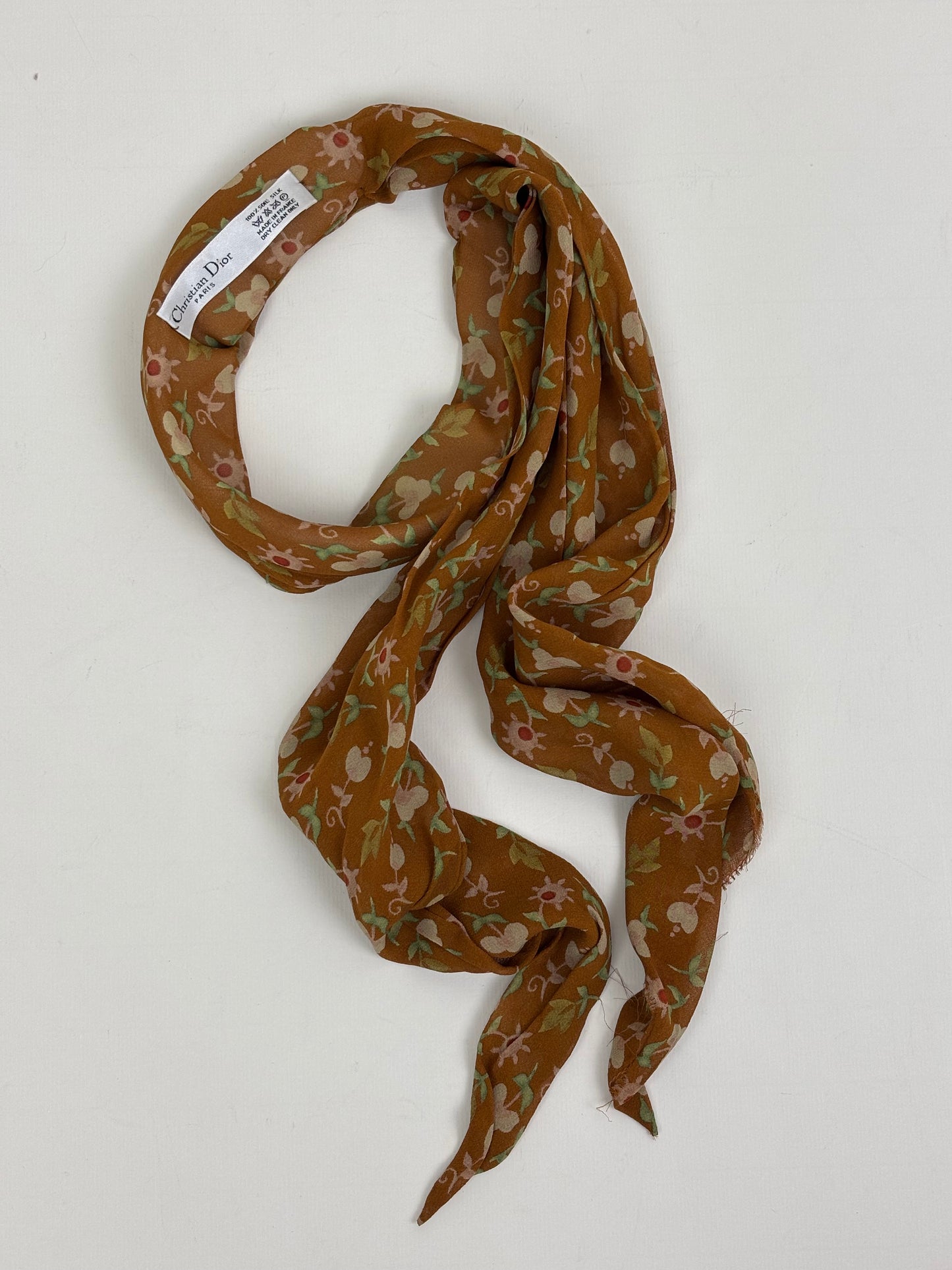Christian Dior Vintage Floral Print 100% Silk Scarf in Ochre Brown & Sage Green