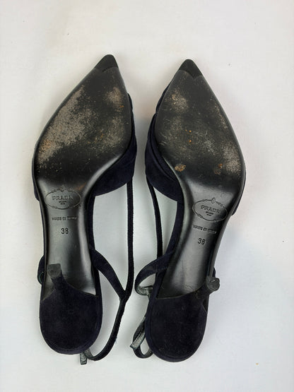 Prada Black Suede Strappy Slingback Heels - 5 UK