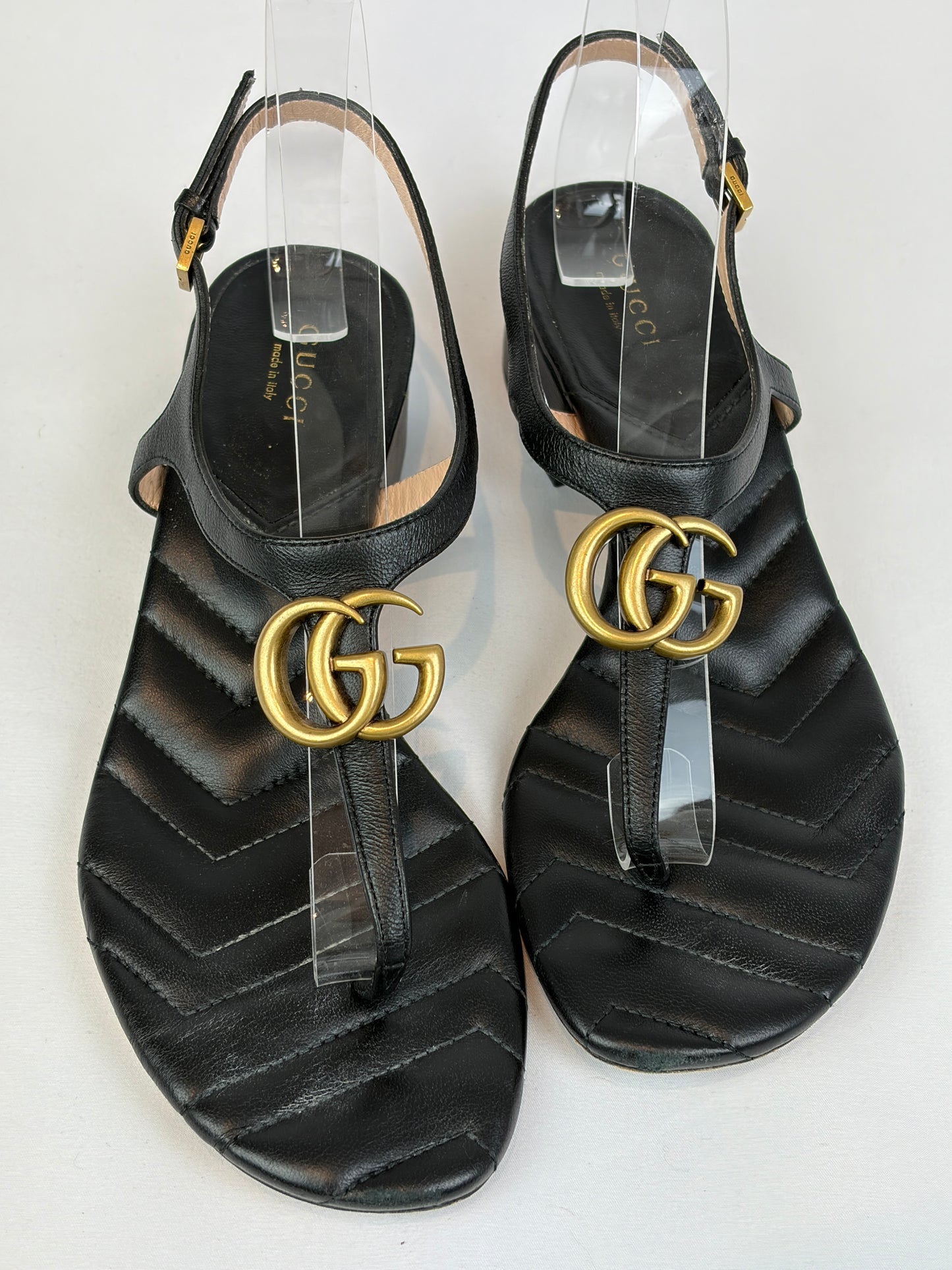 Gucci Marmont Black Leather Double G Buckle Flat Sandals - 5 UK