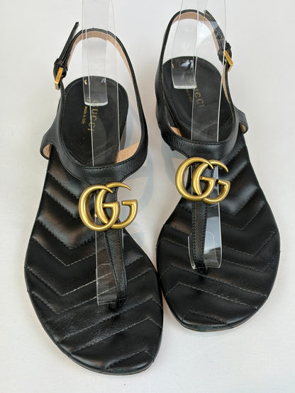 Gucci Marmont Black Leather Double G Buckle Flat Sandals - 5 UK