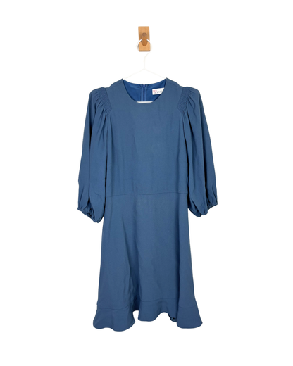 RED Valentino Smocked Puff-Sleeve Midi Dress in Petrol Blue Acetate-Viscose - 10 UK
