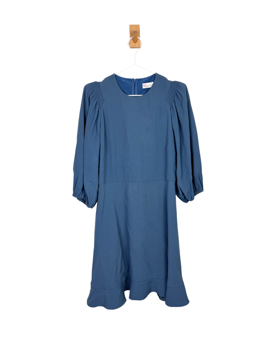 RED Valentino Smocked Puff-Sleeve Midi Dress in Petrol Blue Acetate-Viscose - 10 UK