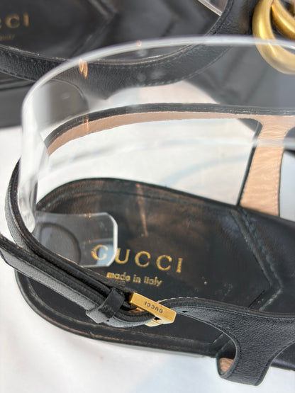 Gucci Marmont Black Leather Double G Buckle Flat Sandals - 5 UK