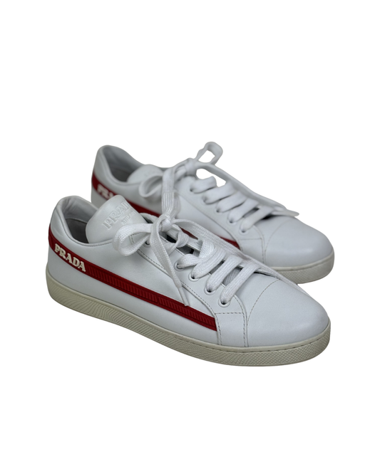 Prada Vitello Soft Leather Lace-Up Trainers White and Red - 5 UK
