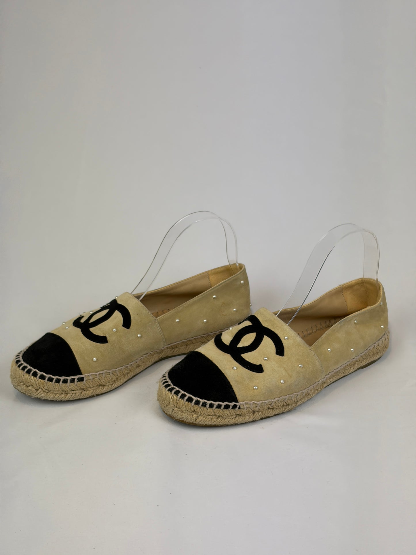 Chanel Beige Suede Pearl Embellished CC Espadrilles - 6 UK