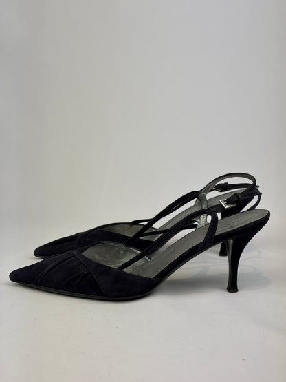 Prada Black Suede Strappy Slingback Heels - 5 UK