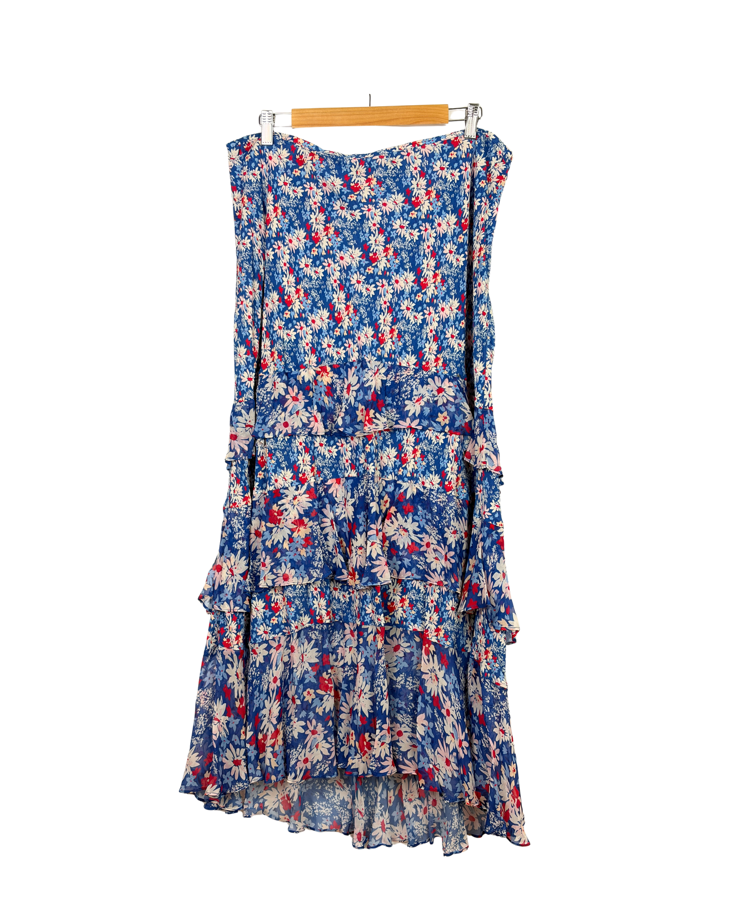 RIXO Floral Ruffle Tiered Skirt, Blue/White/Red - 16 UK