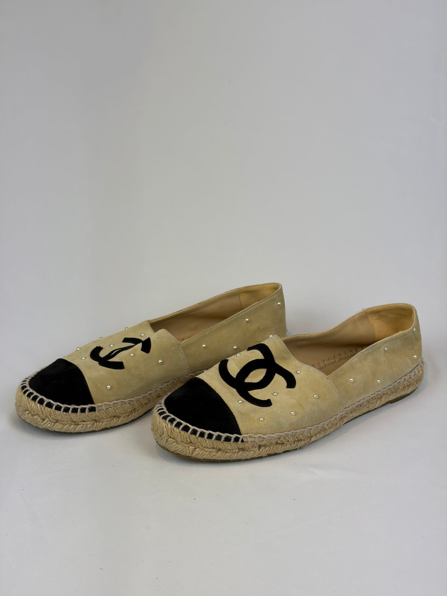 Chanel Beige Suede Pearl Embellished CC Espadrilles - 6 UK