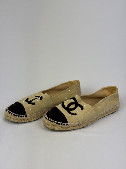 Chanel Beige Suede Pearl Embellished CC Espadrilles - 6 UK