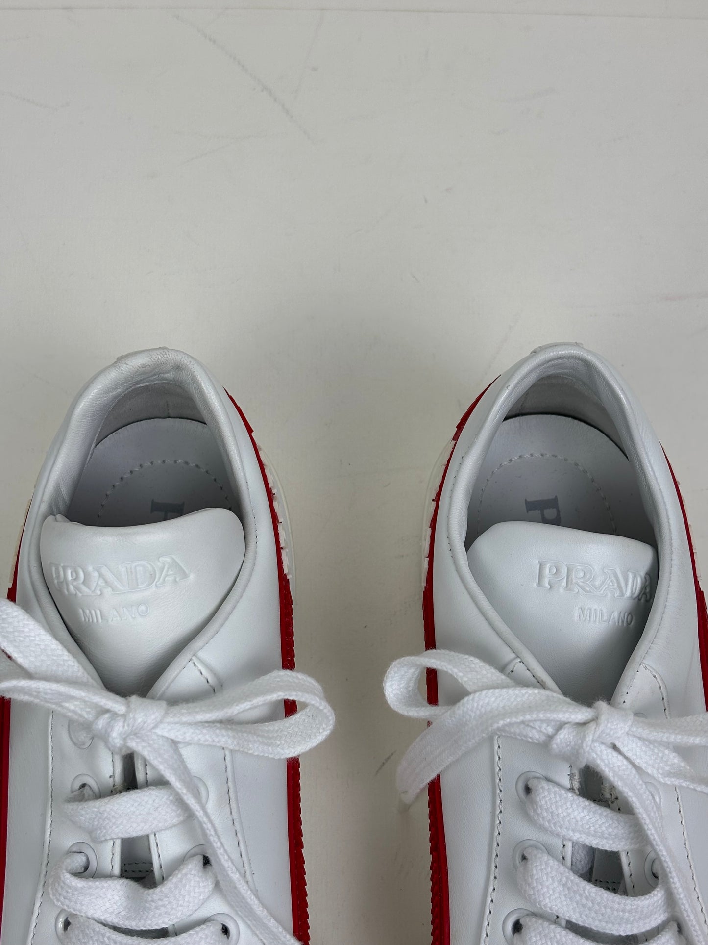 Prada Vitello Soft Leather Lace-Up Trainers White and Red - 5 UK