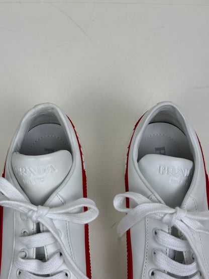Prada Vitello Soft Leather Lace-Up Trainers White and Red - 5 UK