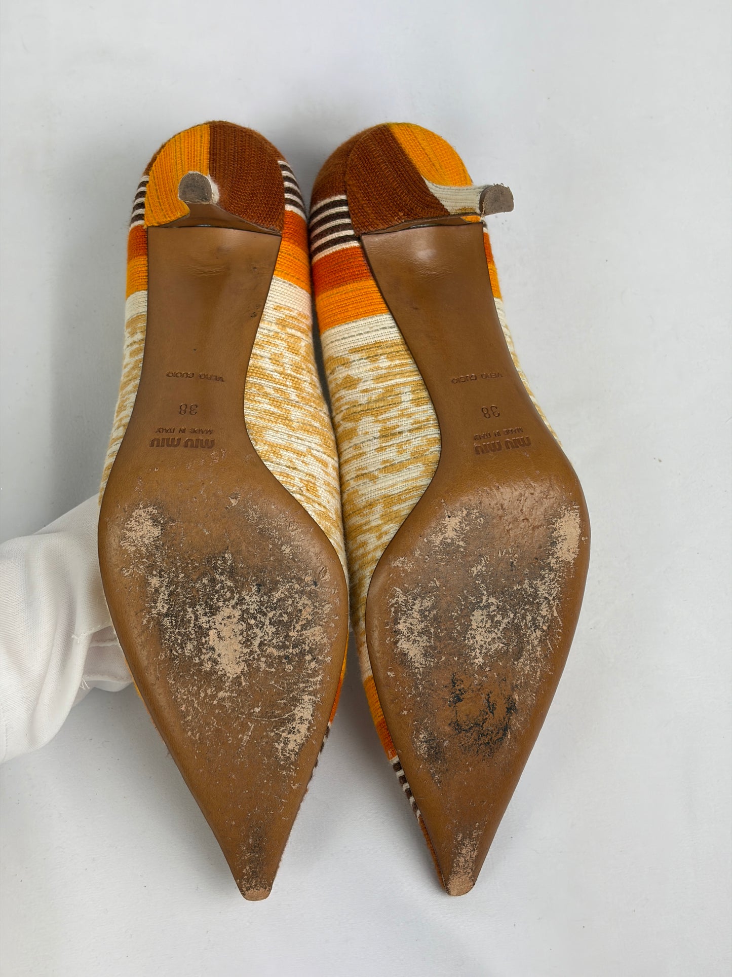 Miu Miu Multicolour Fabric Pointed-Toe Pumps, Orange/Brown/Beige — 5 UK