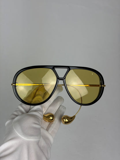 Bottega Veneta Aviator Sunglasses in Black and Gold with Yellow Lenses