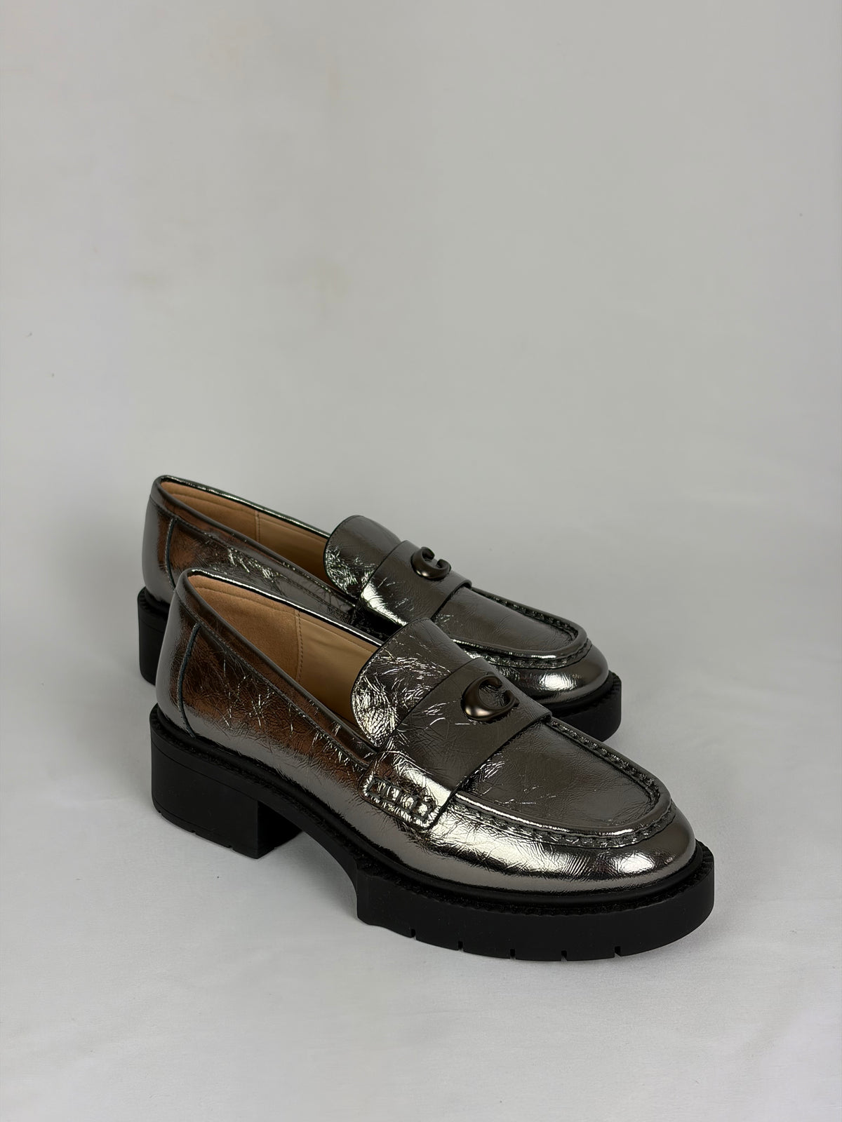 Coach Metallic Silver Leather C Hardware Loafers - 4.5 UK