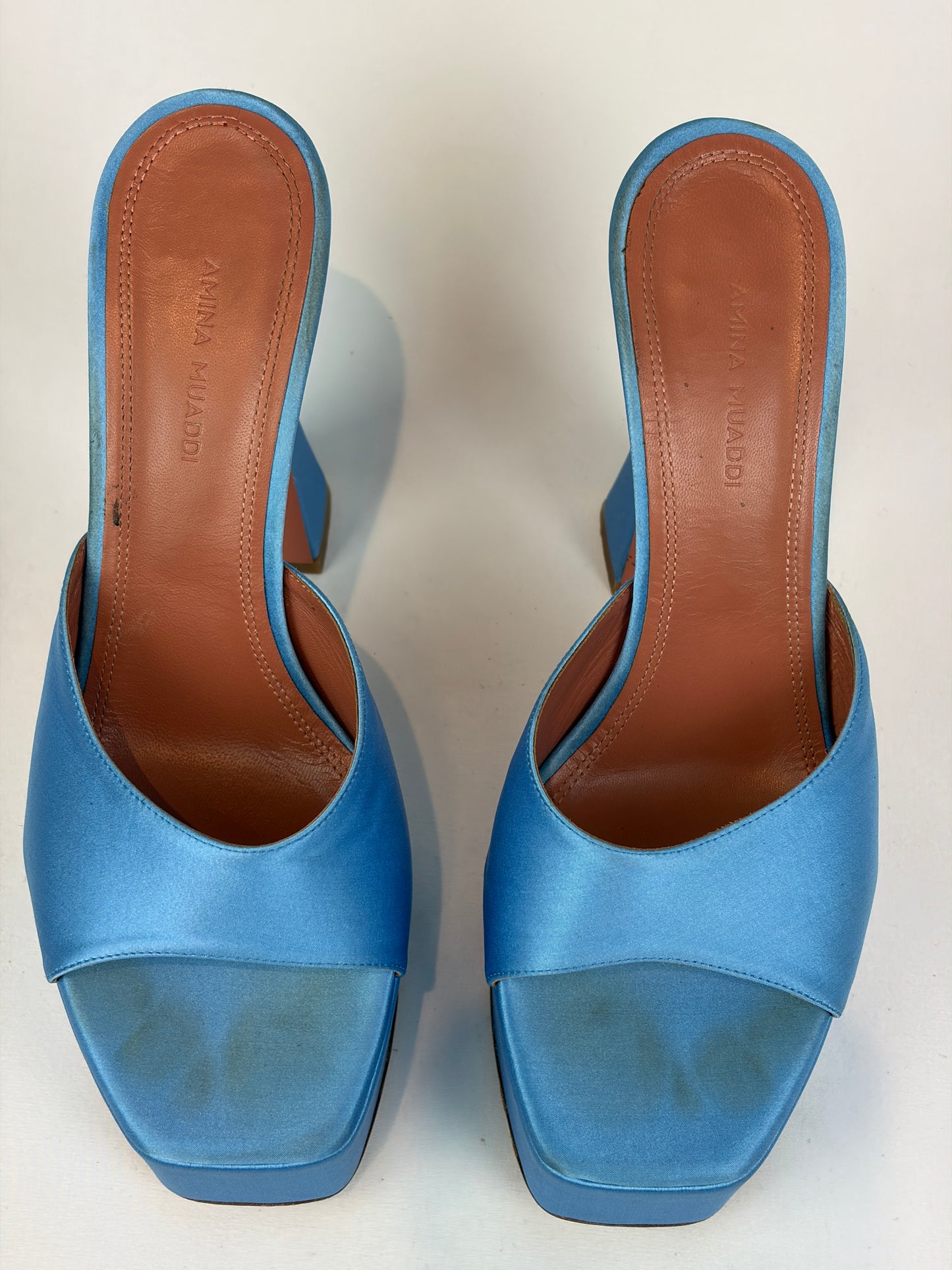 Amina Muaddi Blue Satin Platform Heeled Mules Price - 5.5 UK