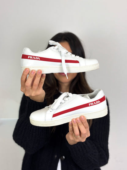 Prada Vitello Soft Leather Lace-Up Trainers White and Red - 5 UK