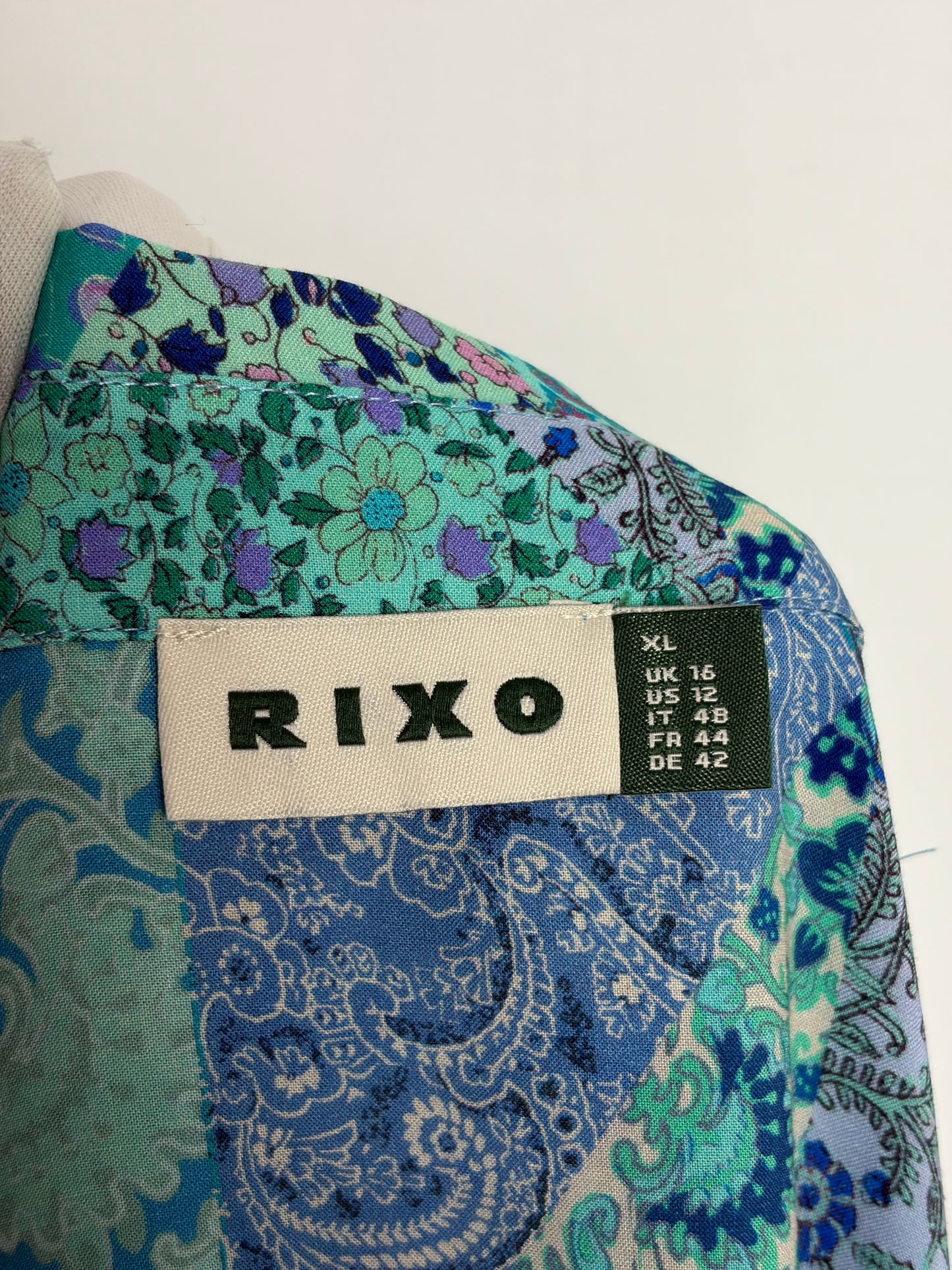 RIXO Blue and White Patchwork Floral Silk Shirt Dress - 16 UK