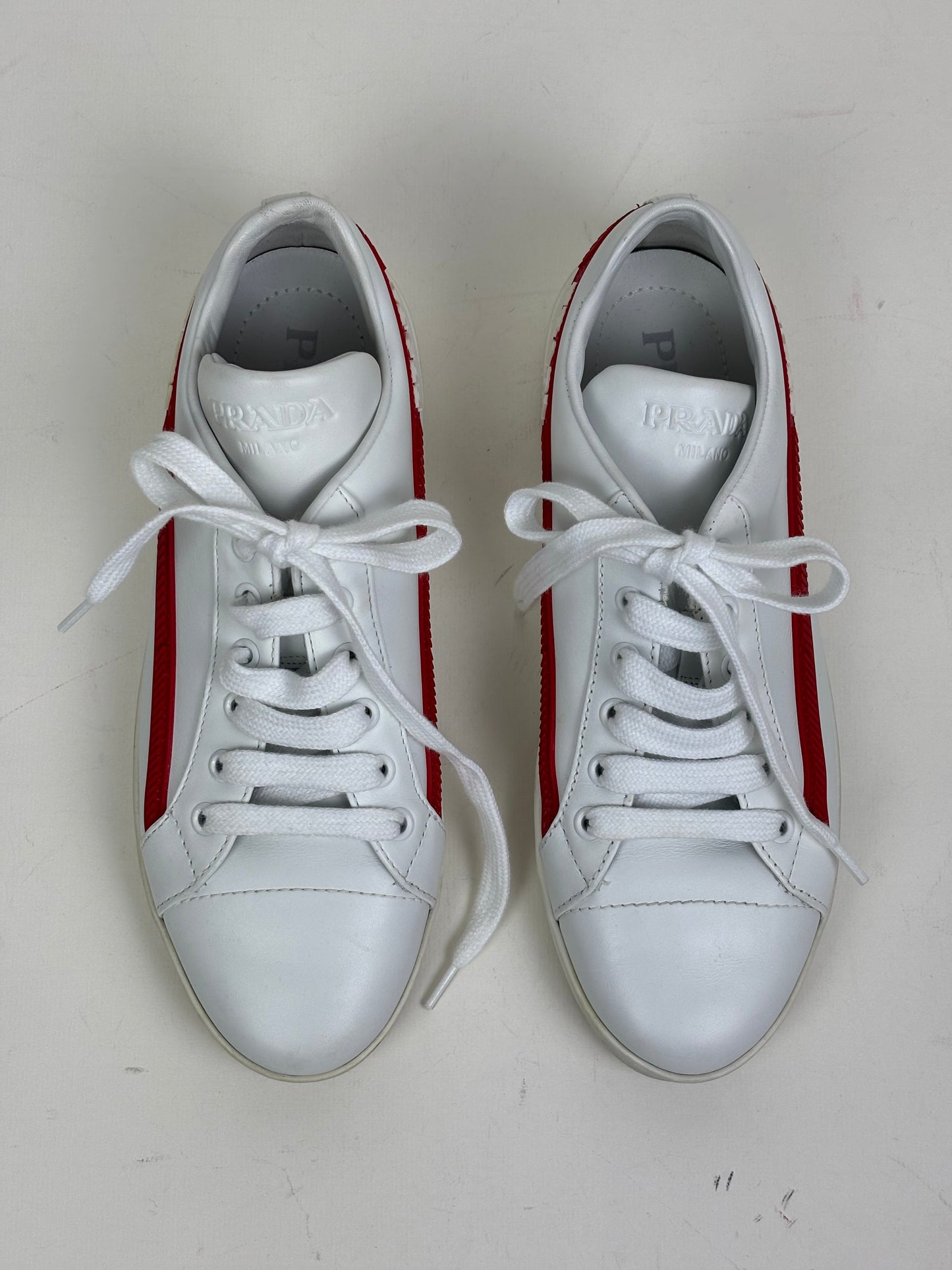 Prada Vitello Soft Leather Lace-Up Trainers White and Red - 5 UK