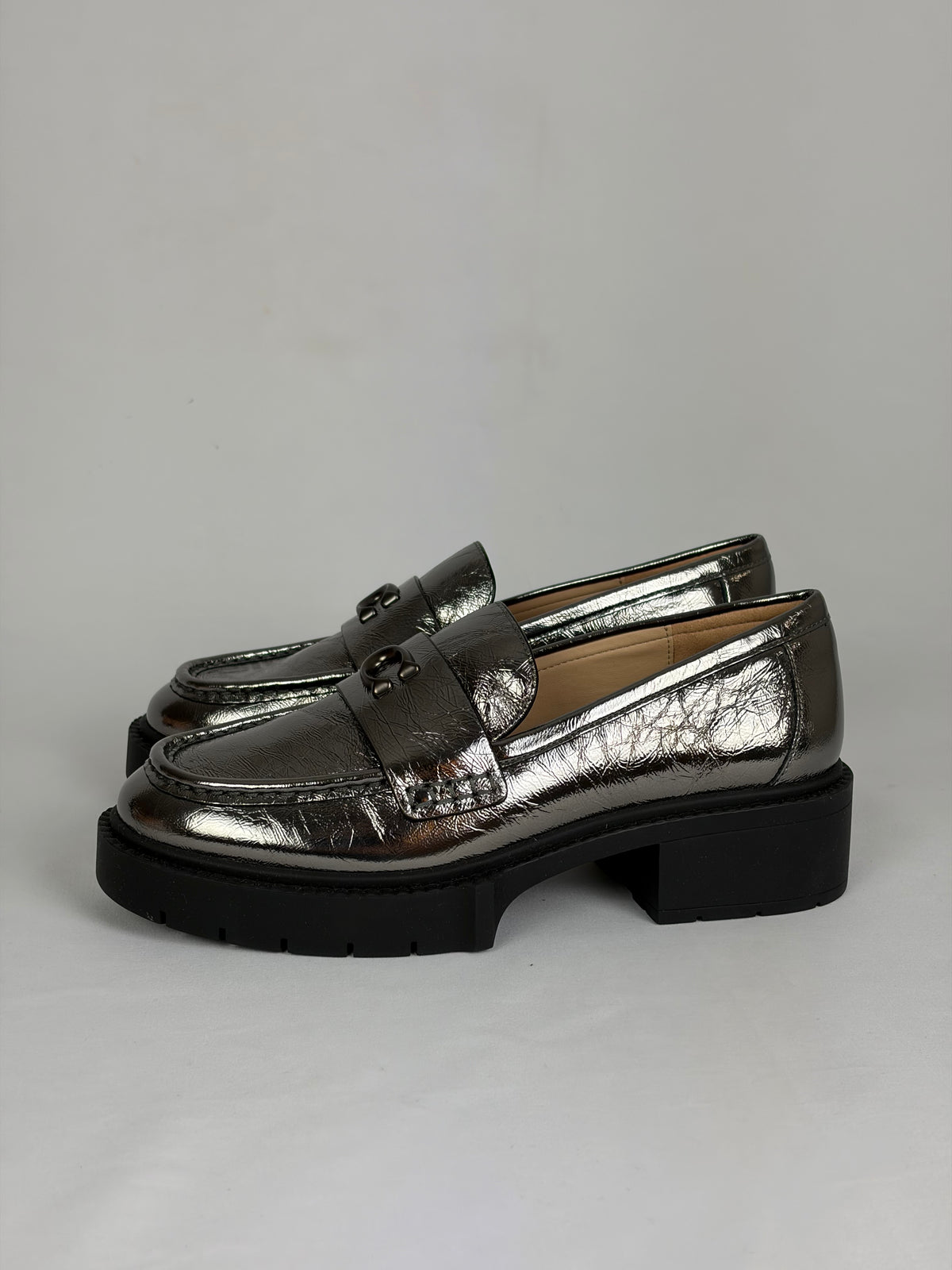 Coach Metallic Silver Leather C Hardware Loafers - 4.5 UK