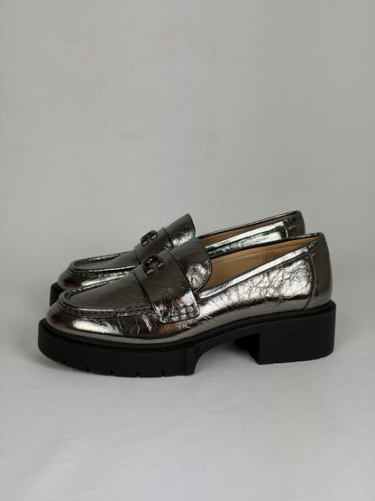 Coach Metallic Silver Leather C Hardware Loafers - 4.5 UK