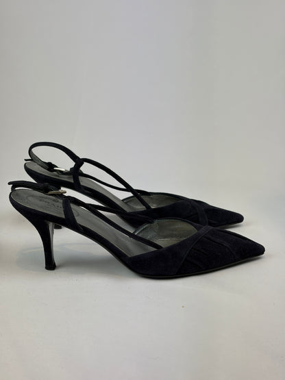 Prada Black Suede Strappy Slingback Heels - 5 UK