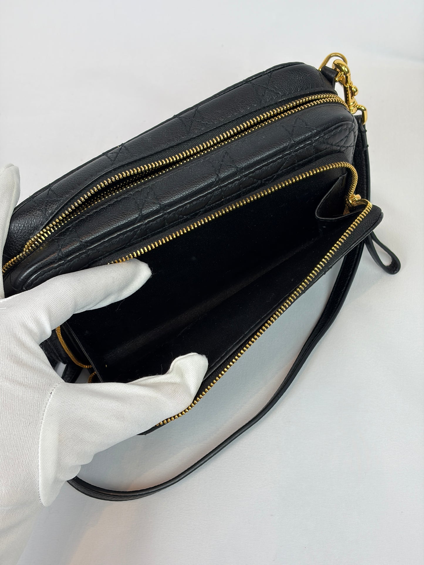 Christian Dior Black Cannage Leather Caro Double Pouch Crossbody Bag