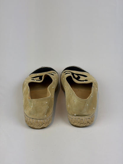 Chanel Beige Suede Pearl Embellished CC Espadrilles - 6 UK