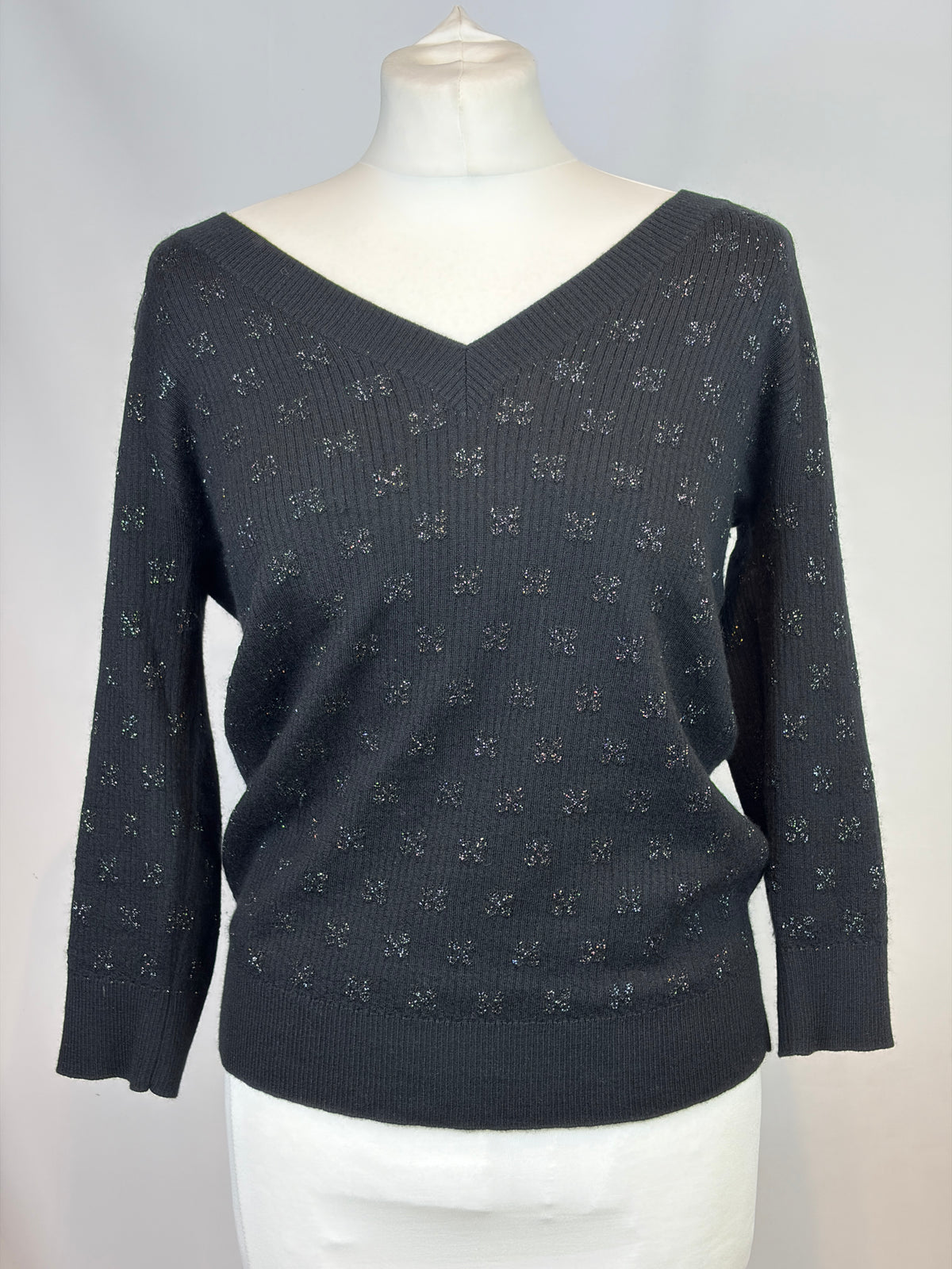 Chanel Black Cashmere Viscose Lurex Zig Zag Knit Top - 12 UK