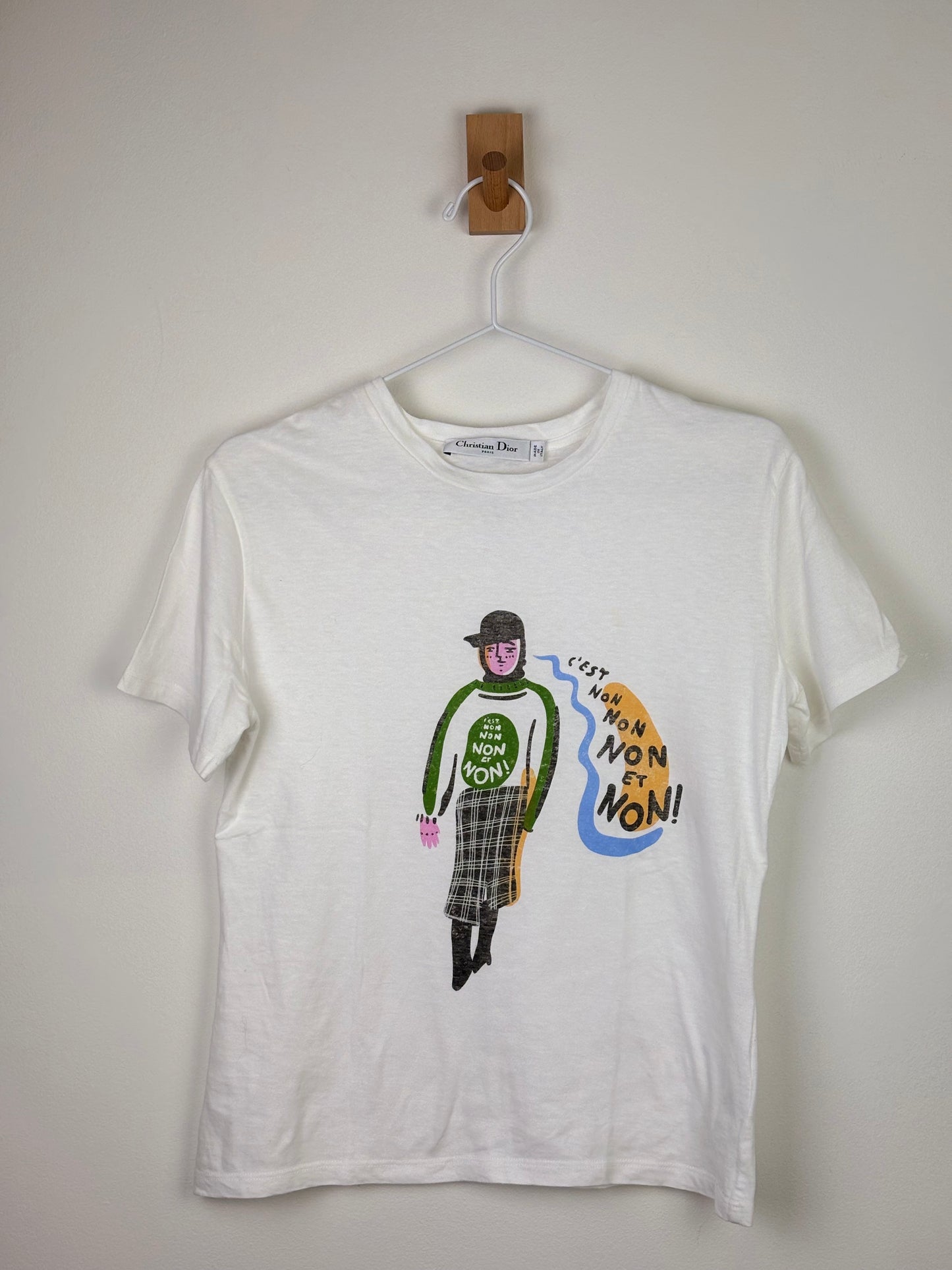 Christian Dior "C'est Non" Illustration Graphic T-Shirt Cotton Linen White - S