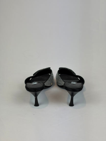 Prada Black Satin Crystal Embellished Kitten Heel Mules - Size 5 UK