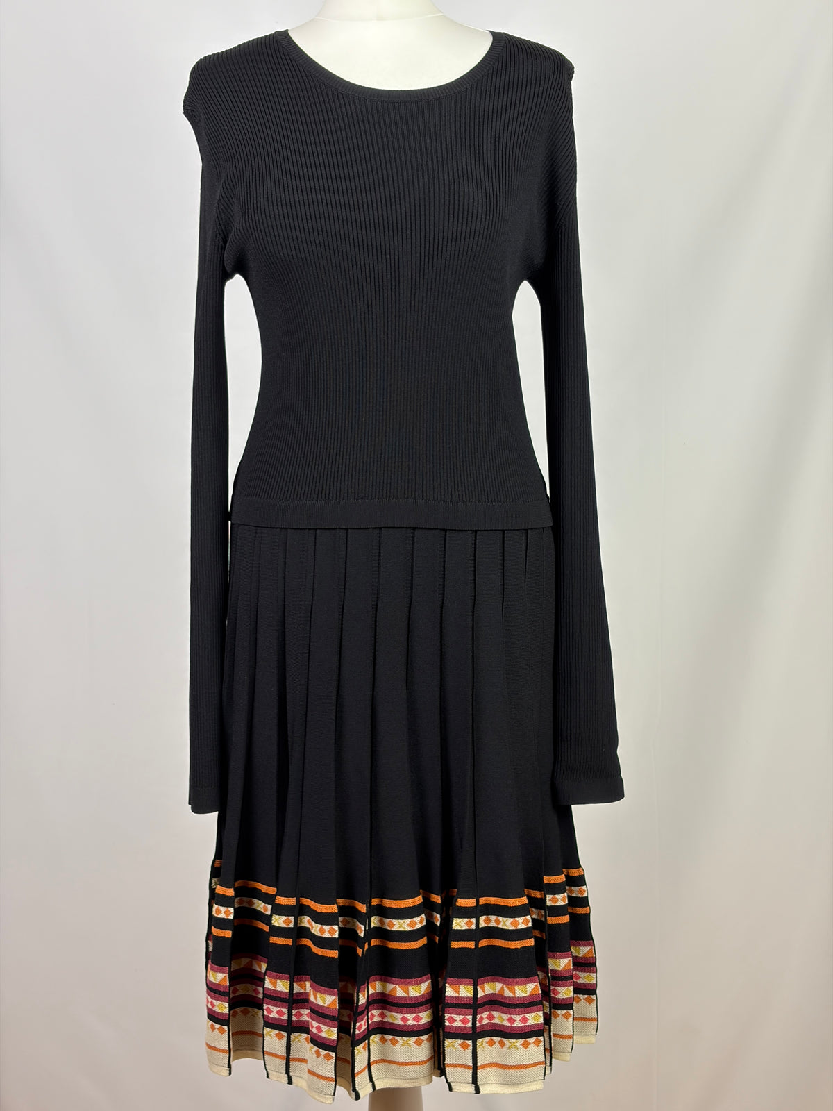Red Valentino Black Knit Dress with Pleated Patterned Hem - XL