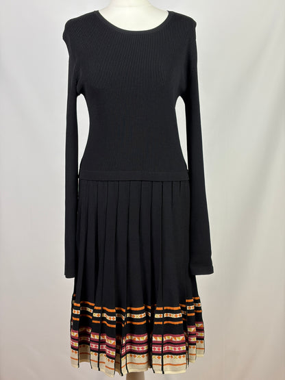 Red Valentino Black Knit Dress with Pleated Patterned Hem - XL