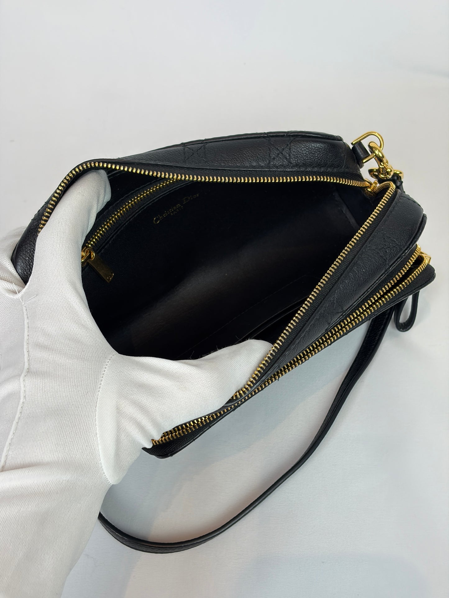 Christian Dior Black Cannage Leather Caro Double Pouch Crossbody Bag