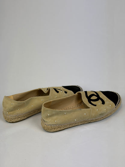 Chanel Beige Suede Pearl Embellished CC Espadrilles - 6 UK
