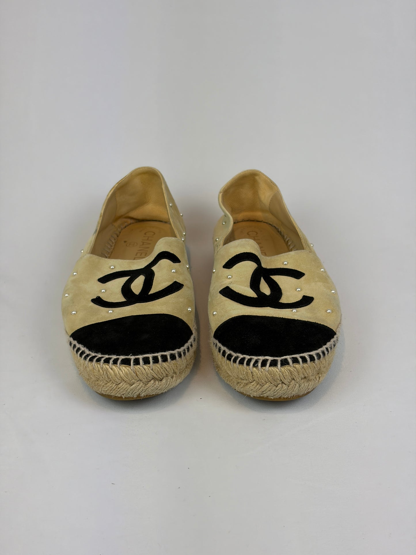 Chanel Beige Suede Pearl Embellished CC Espadrilles - 6 UK