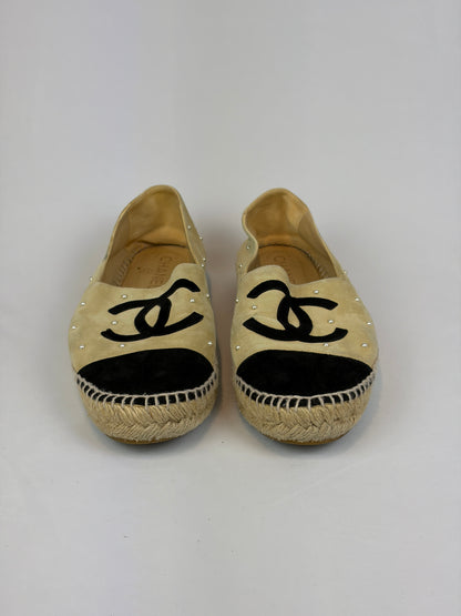 Chanel Beige Suede Pearl Embellished CC Espadrilles - 6 UK