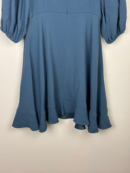 RED Valentino Smocked Puff-Sleeve Midi Dress in Petrol Blue Acetate-Viscose - 10 UK