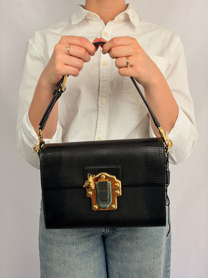 Dolce & Gabbana Lucia Black Iguana Embossed Leather Crossbody Bag