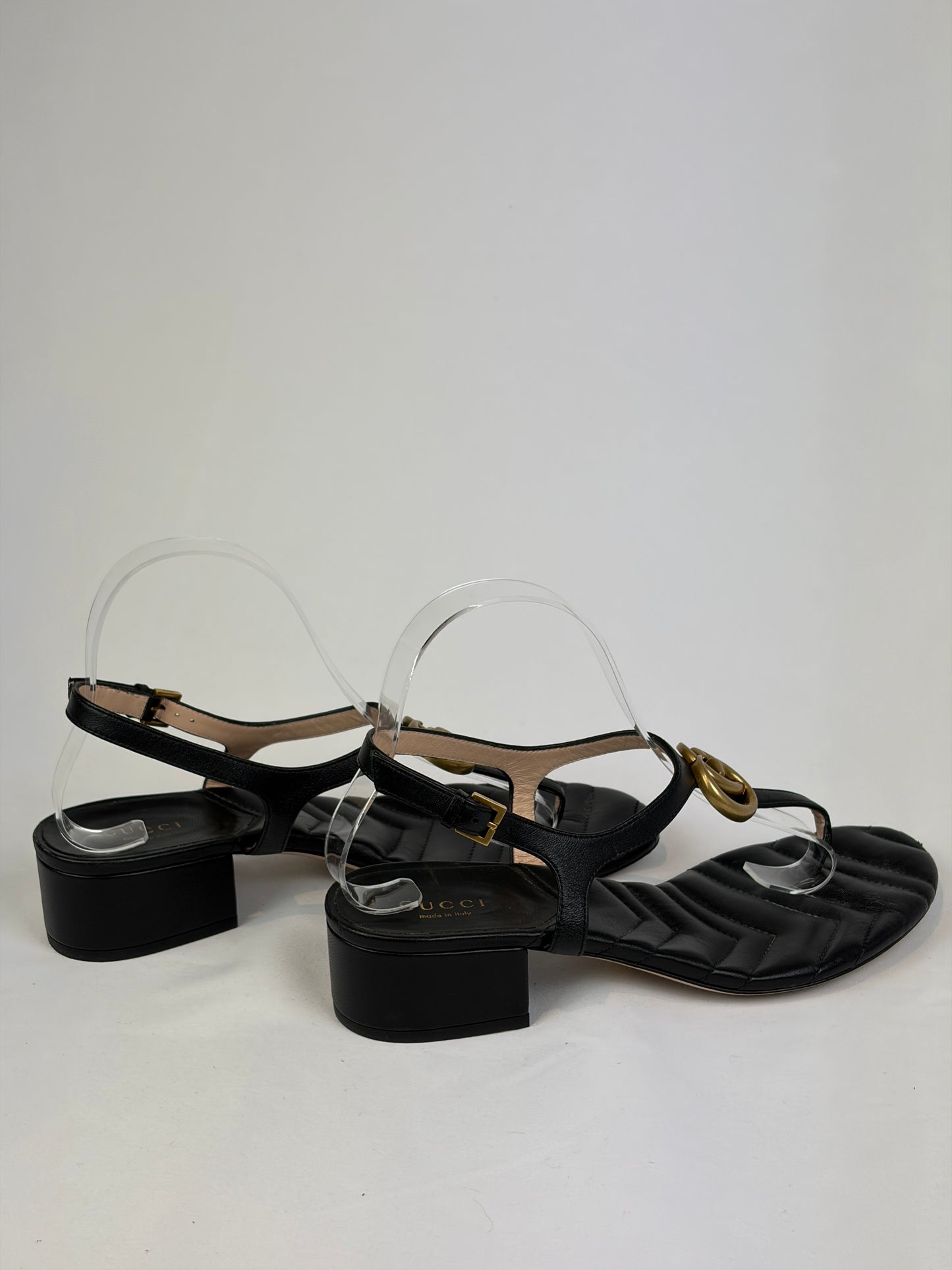 Gucci Marmont Black Leather Double G Buckle Flat Sandals - 5 UK