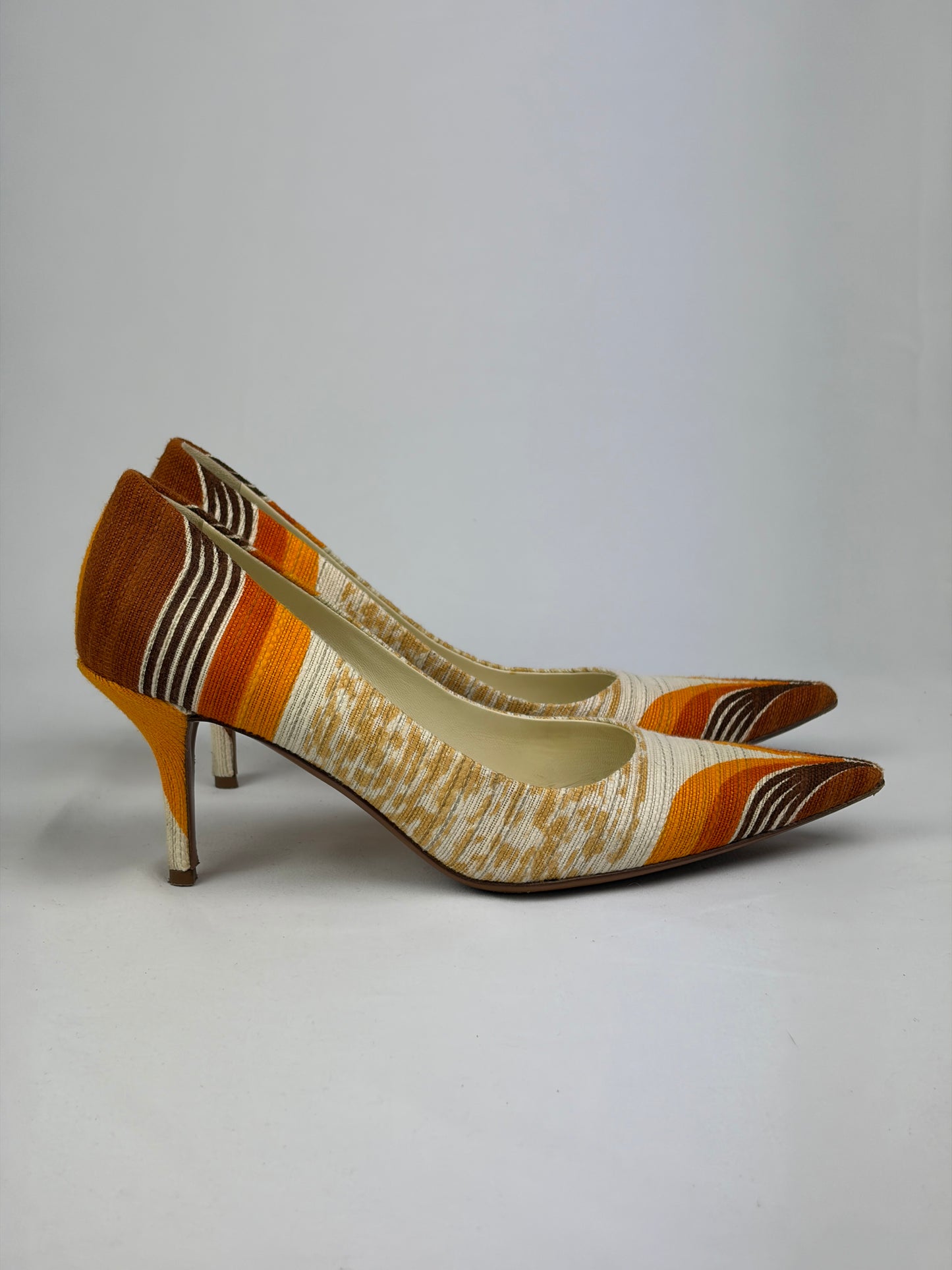 Miu Miu Multicolour Fabric Pointed-Toe Pumps, Orange/Brown/Beige — 5 UK