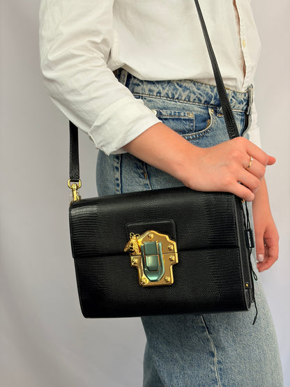 Dolce & Gabbana Lucia Black Iguana Embossed Leather Crossbody Bag