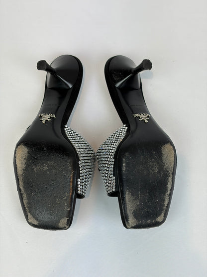 Prada Black Satin Crystal Embellished Kitten Heel Mules - Size 5 UK
