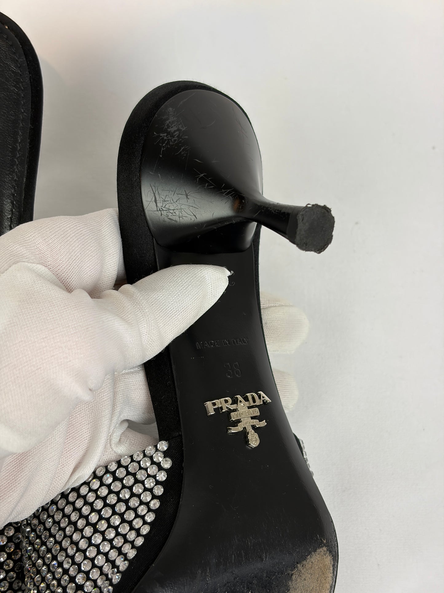 Prada Black Satin Crystal Embellished Kitten Heel Mules - Size 5 UK