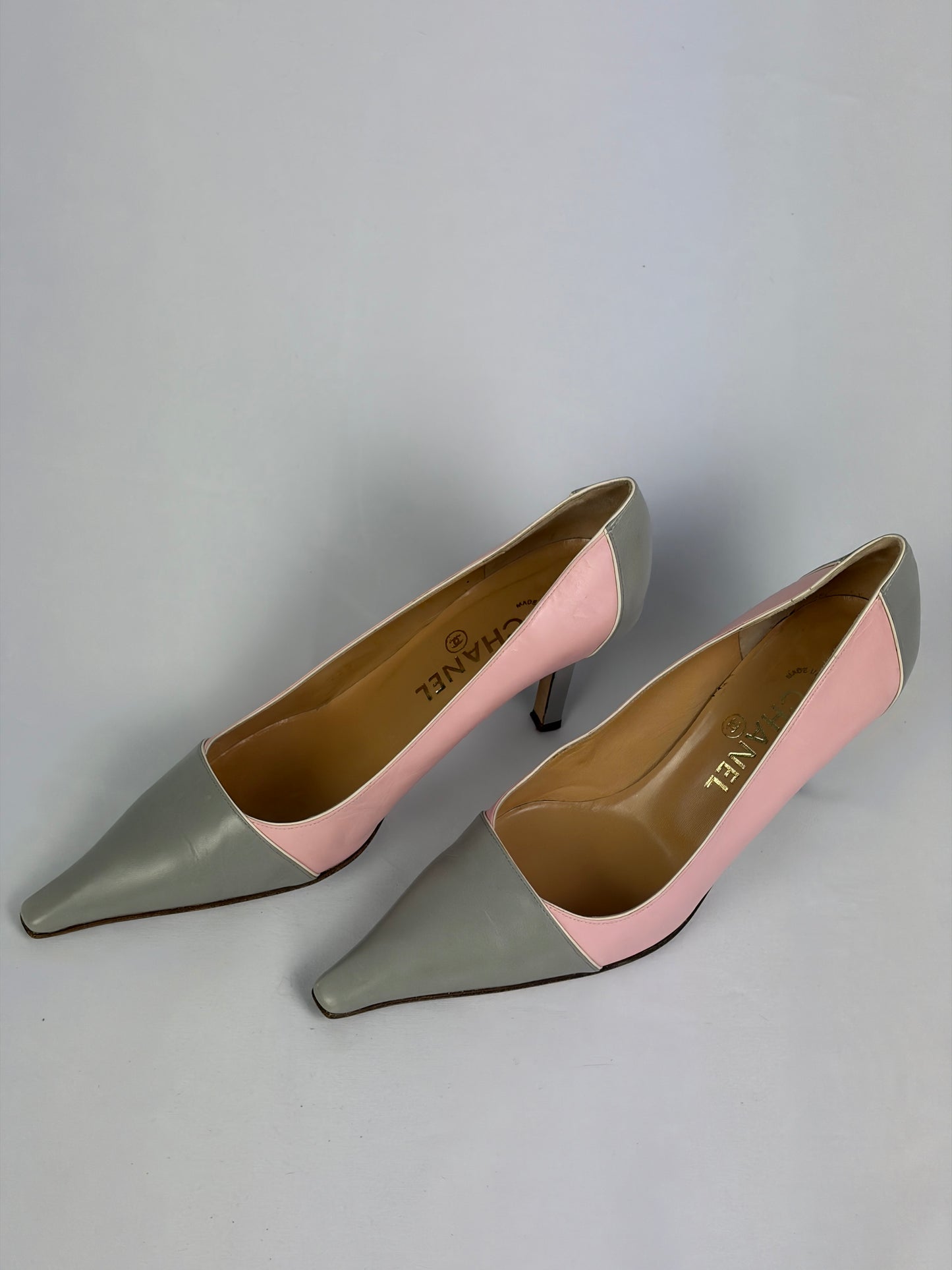 Chanel Pink and Grey Leather Heels - 6 UK
